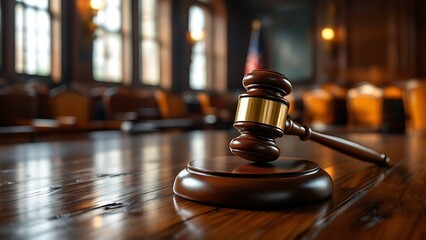 Gavel on a judge's bench in a courtroom with soft lighting.