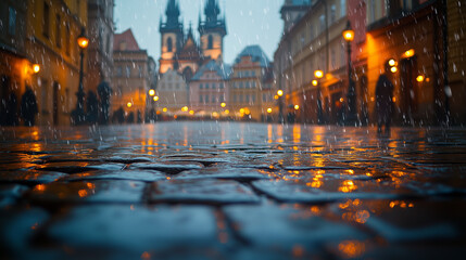Fototapeta premium Nostalgic View of Historic Town Square in Heavy Rainstorm with Cobblestone Streets