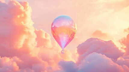 Fototapeta premium A mesmerizing shot of a floating crystal balloon resembling a prism, drifting through soft peach and coral-colored clouds during sunrise, refracting light into a cascade of vibrant rainbow hues. The b