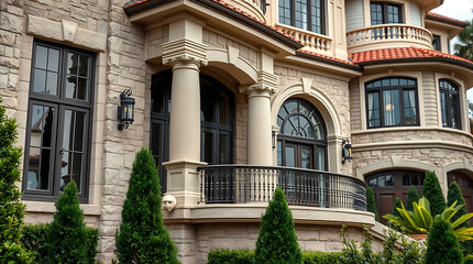 Fototapeta premium Stone Mansion Exterior with Balcony and Classical Details