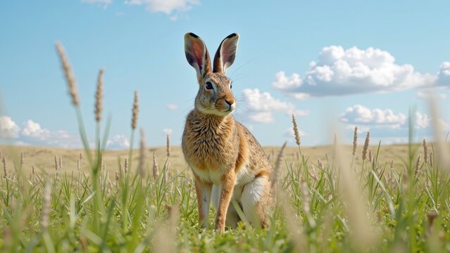 A majestic brown jackrabbit stands proudly in a sea of swaying tall grass, its long ears perked up and alert as it gazes to the right with curious intensity