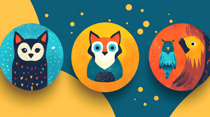 Obraz premium Cute Animal Icons on Colorful Circular Backgrounds