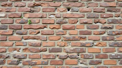 Obraz premium A weathered brick wall with cracked, chipped bricks, faded colors, and patches of moss or ivy. Time and elements have left their mark, revealing a textured, historical beauty.
