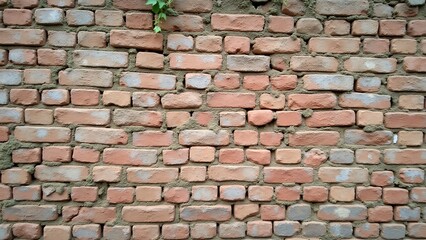 Obraz premium A weathered brick wall with cracked, chipped bricks, faded colors, and patches of moss or ivy. Time and elements have left their mark, revealing a textured, historical beauty.