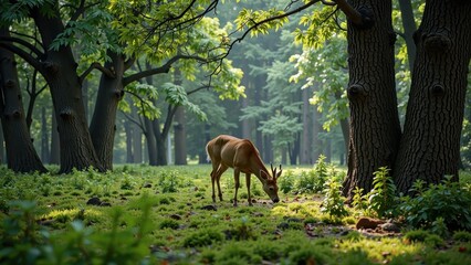 A majestic brown roe deer stands tall in a sun-drenched meadow, its regal antlers towering above the lush green grass as it searches for sustenance with lowered head