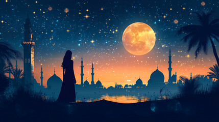 Fototapeta premium Celebrating Ramadan under a starry sky with a full moon and silhouetted mosques