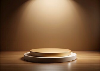 Empty brown pedestal, round display platform, perfect for showcasing products. 3D rendered mockup.