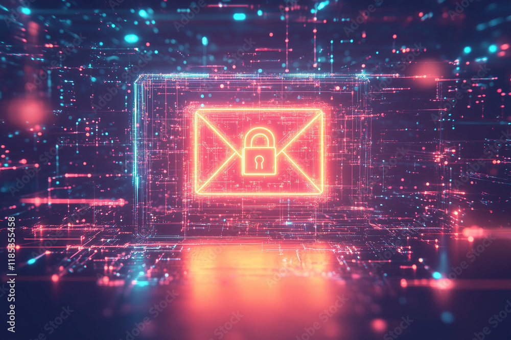 Poster a 3d holographic icon of an encrypted email, featuring a glowing envelope with a padlock symbol over