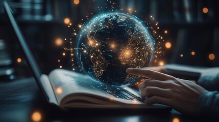 Exploring digital worlds interactive globe concept on laptop desk