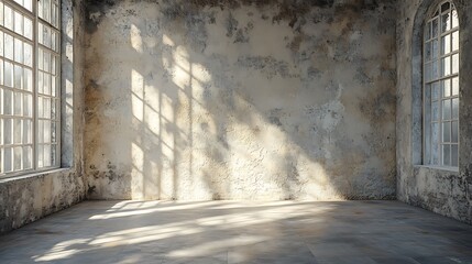 Sunlight streaming through windows in abandoned room interior photography