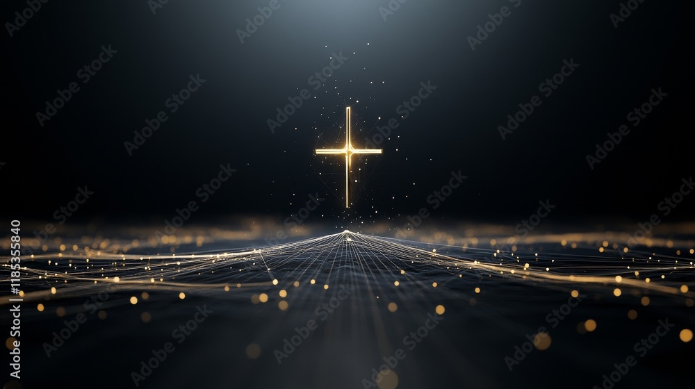 Poster glowing cross symbol against a dark background with radiant light particles creating an ethereal atm