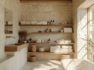 Minimalist Bathroom Design With Wooden Shelves And Neutral Tones