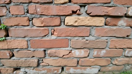 Obraz premium A weathered brick wall with cracked, chipped bricks, faded colors, and patches of moss or ivy. Time and elements have left their mark, revealing a textured, historical beauty.