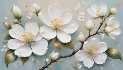 Obraz premium elegant oil painting pastel floral art, delicate white blossoms on textured canvas background