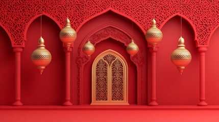 Beautiful red wall decorated with ornate lanterns representing Ramadan spirit