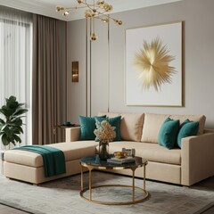 Luxurious living room, modern interior design, cream sofa, teal accent pillows, gold circular coffee tables, abstract wall art with gold circles, gray walls, floor lamp, cozy atmosphere, elegant decor