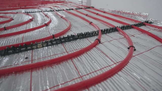 Installation of underfloor heating system pipes in modern construction project
