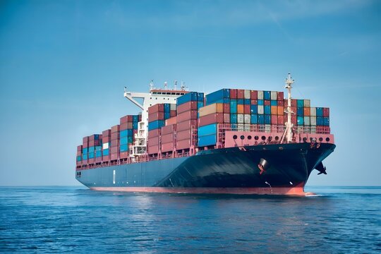 Cargo ship sailing on calm ocean, loaded with colorful shipping containers, clear blue sky, maritime transportation, global trade
