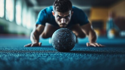 Fototapeta premium Focused Man Performing Intense Core Workout with Medicine Ball