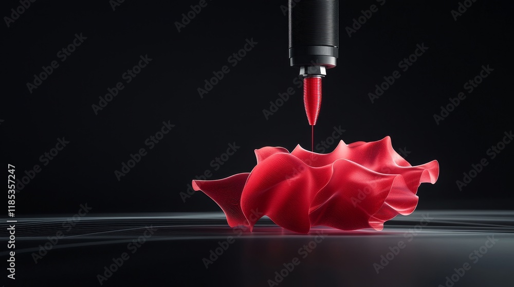 Poster artistic representation of a red fluid being shaped and poured from a nozzle against a dark backgrou