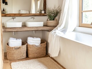 Rustic Bathroom Featuring Double Sinks and a Freestanding Tub