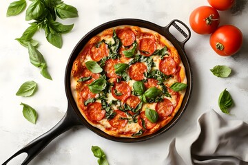 Freshly Baked Pepperoni Pizza with Basil Leaves on a Table Surrounded by Tomatoes and a Light Gray Cloth in a Cast Iron Skillet Setting