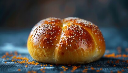 A freshly baked, golden brown bun with sesame seeds on a rustic background.