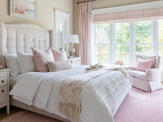Elegant Master Bedroom with Pink Accents and Large Window