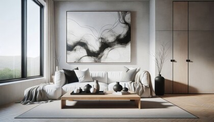 Modern minimalist living room, neutral color palette, large abstract black and white artwork, built-in bench seating, textured throw pillows, wooden coffee table, frosted glass window, sleek wall scon