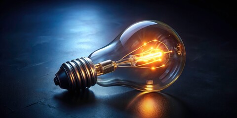 Glowing light bulb overhead, reflected brightly against a stark, dark backdrop.