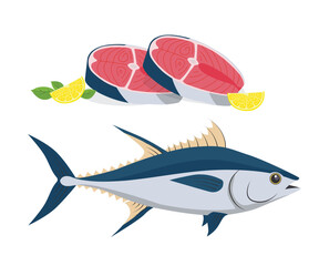 Tuna fish and raw slice fillet piece stock illustration