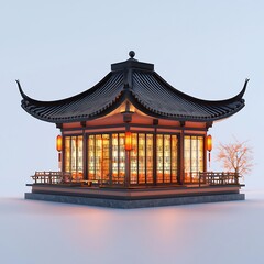 Fototapeta premium Illuminated Traditional Chinese Pavilion with Swept-Up Roof and Lanterns.