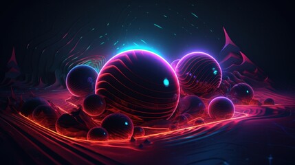 Obraz premium Neon Glowing Spheres in a Surreal Digital Landscape: Abstract Art