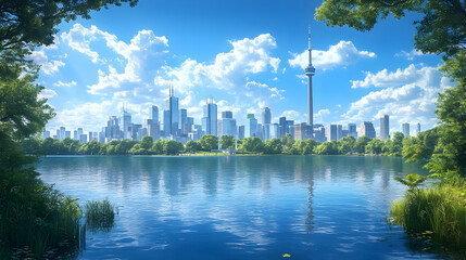 Naklejka premium Cityscape lake summer sun reflection park