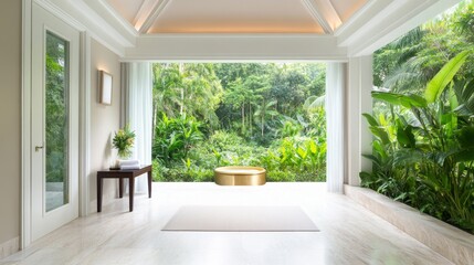 Fototapeta premium Serene Indoor Space with Open View to Lush Green Jungle Landscape Showcasing Modern Design and Tranquil Ambiance in a Luxurious Oasis