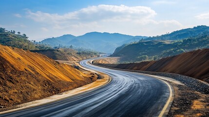 Winding asphalt highway under construction through a scenic mountain valley.