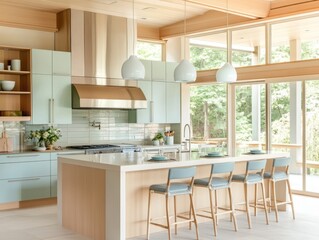 Fototapeta premium Modern Light Blue Kitchen Island with Wooden Accents