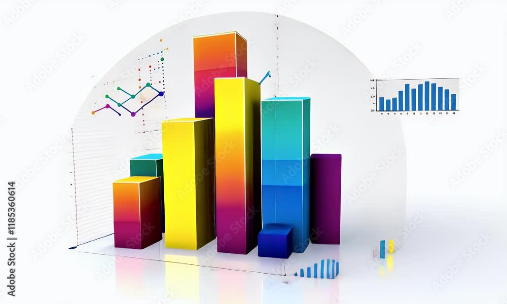 Poster colorful 3d bar chart with data points and lines, illustrating growth and progress.
