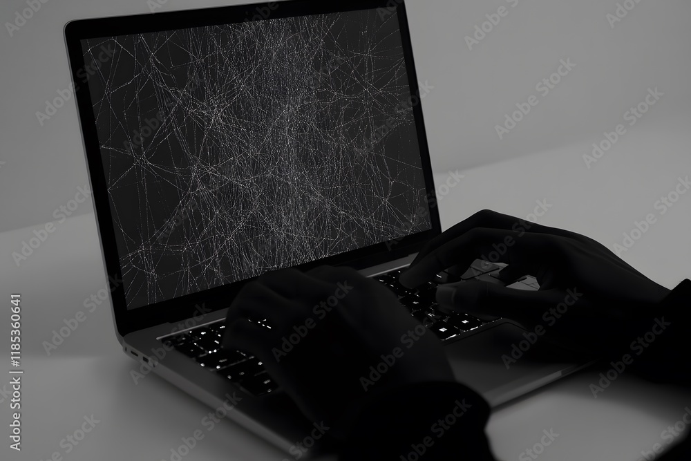 Poster hands typing on laptop with abstract digital connections on screen, representing technology and data