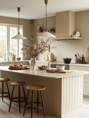 Modern Kitchen Island with Neutral Tones and Blooming Branches