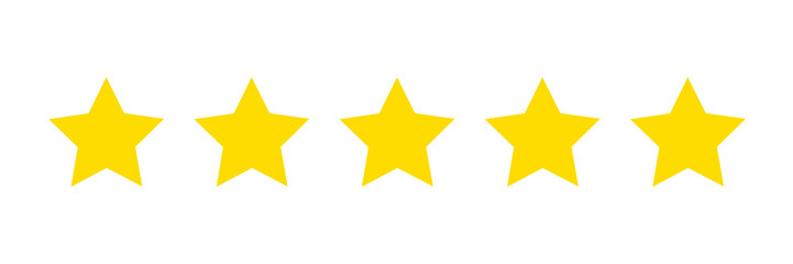 Five stars rating single icon. Feedback stars rating flat design. Costumer review in golden stars color for apps, website and shop.