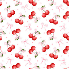 Valentine watercolor coquette cherry bows seamless pattern 