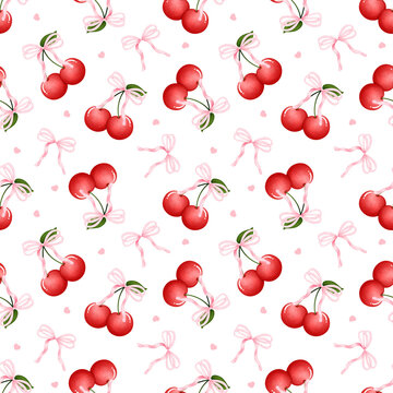 Valentine watercolor coquette cherry bows seamless pattern 