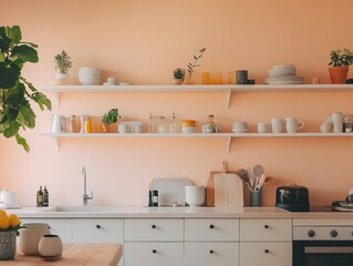 Minimalist Kitchen Shelves With Neutral Decor And Plants