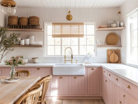 A charming pink kitchen with rustic wooden details and natural light