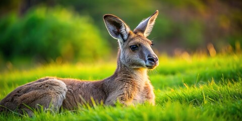 Fototapeta premium A relaxed kangaroo grazes on a grassy plain. Australian outback.