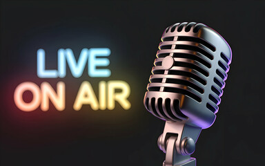 Microphone with sound waves. podcasting and audio recording work. mic with waves. live on air. radio podcast broadcasting microphone
