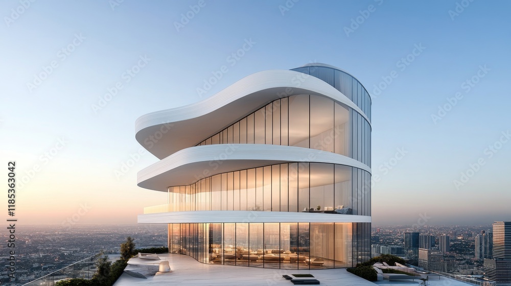 Poster modern architectural masterpiece showcasing curvilinear design and panoramic views, combining elegan