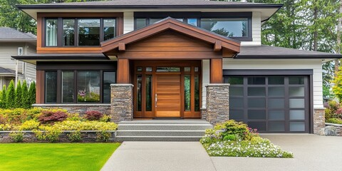 modern house exterior, white siding, wood accents, stone facade, large windows, manicured lawn, landscaped garden, architectural photography, clean lines, contemporary design, residential home, front 
