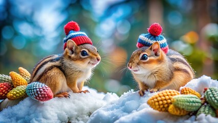 Adorable chipmunks in festive hats and scarves enjoy a snowy day.